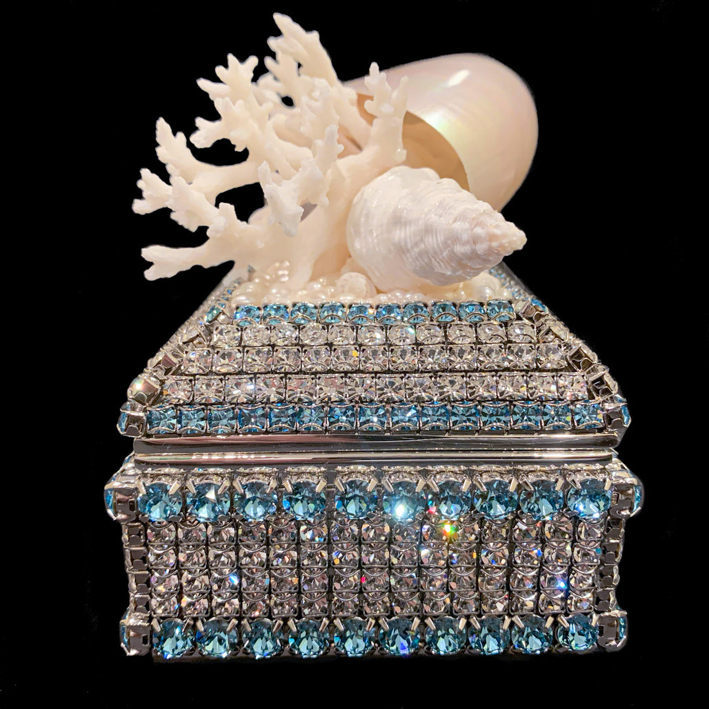 Aquamarine Shell Cluster Keepsake Box Featuring Premium Crystal