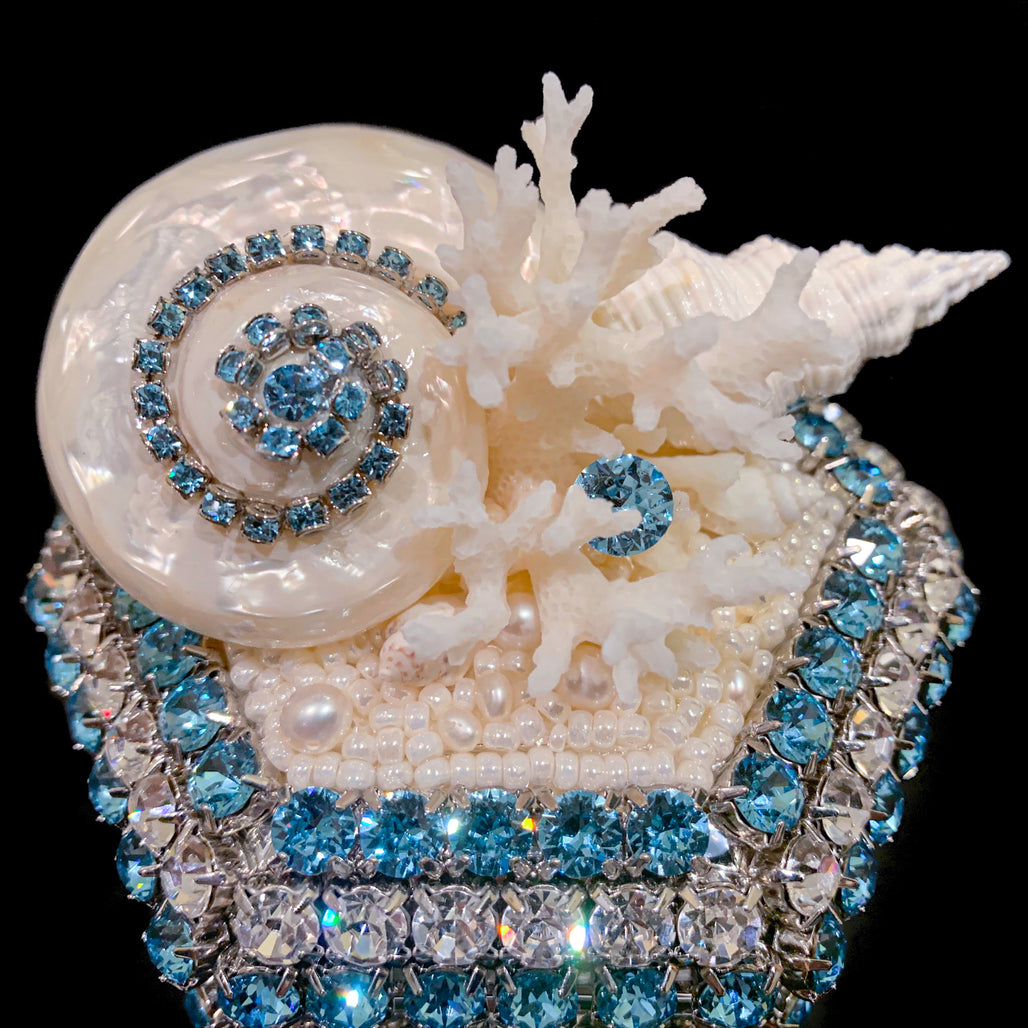 Aquamarine Hexagon Box Featuring Premium Crystals and Natural Seashells