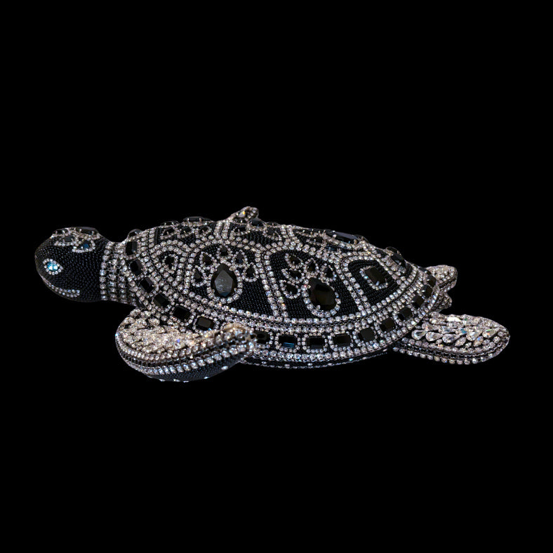 Crystallized Large Sea Turtle Sculpture Featuring Jet Black & Clear Premium Crystal