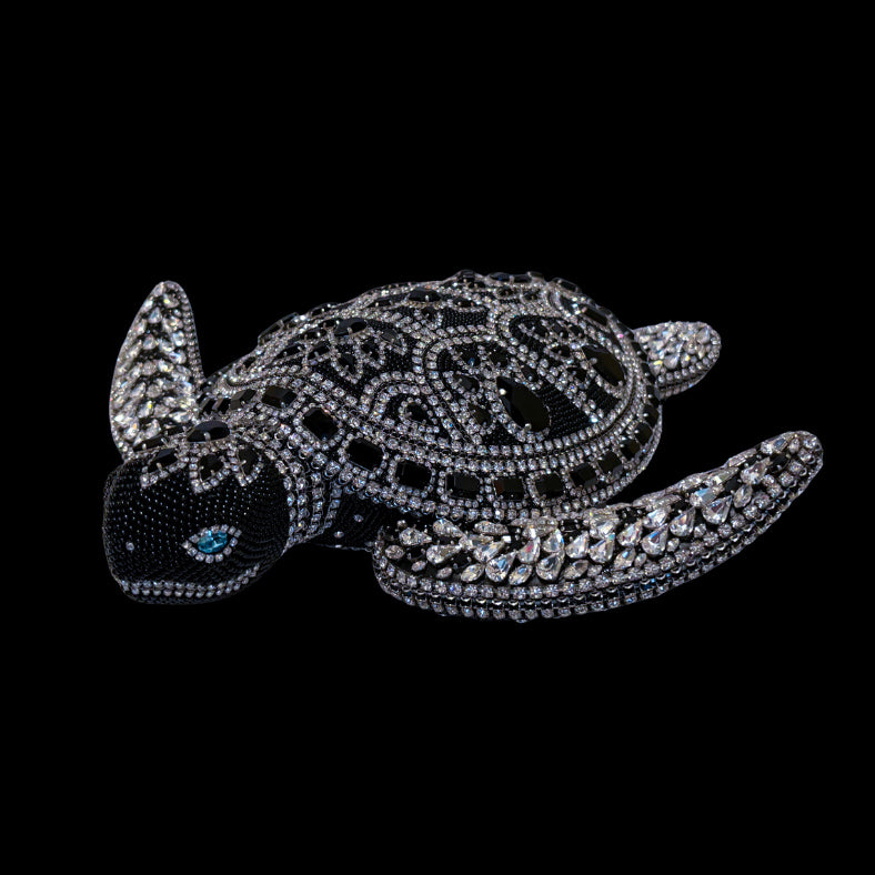 Crystallized Large Sea Turtle Sculpture Featuring Jet Black & Clear Premium Crystal