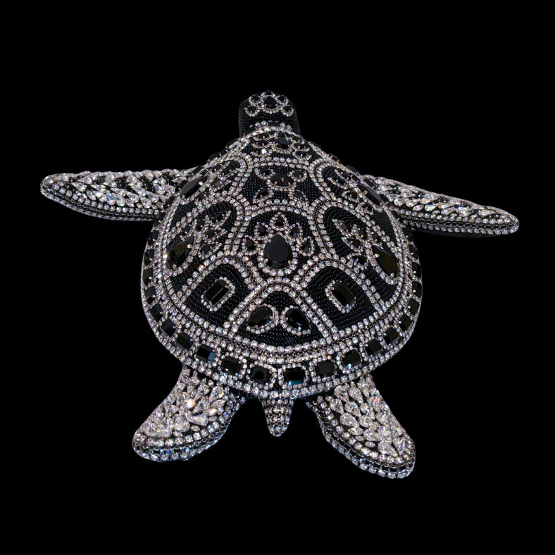 Crystallized Large Sea Turtle Sculpture Featuring Jet Black & Clear Premium Crystal