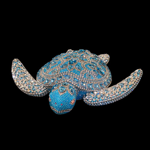 Crystallized Large Sea Turtle Sculpture Featuring Aquamarine Premium Crystal