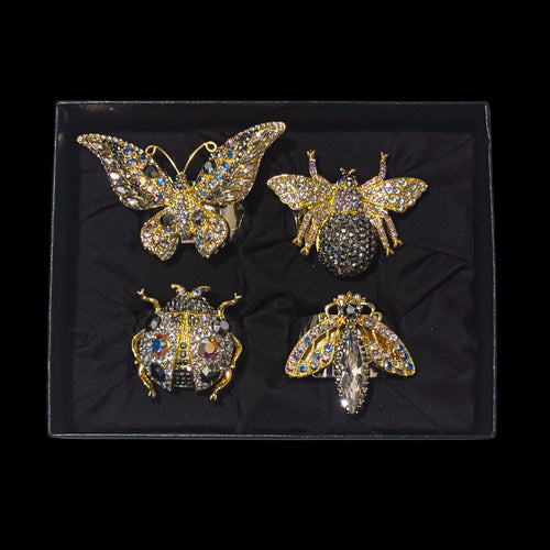 Silver Shade Mixed Bug Napkin Rings Featuring  Swarovski Crystals | Set of 4