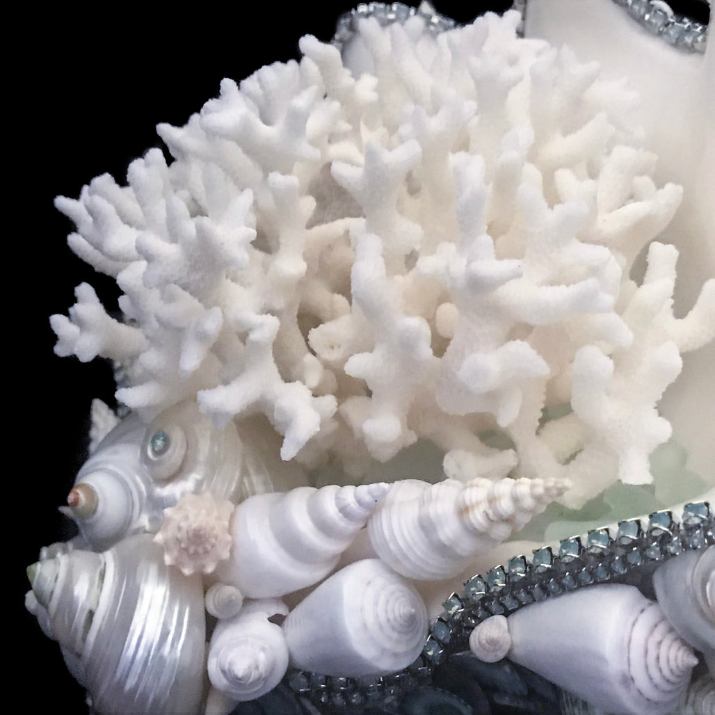 Coral centerpiece featuring pacific opal swarovski © crystals and natural seashells