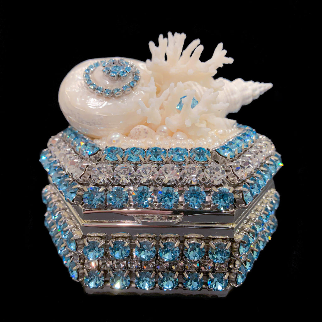 Aquamarine Hexagon Box Featuring Premium Crystals and Natural Seashells