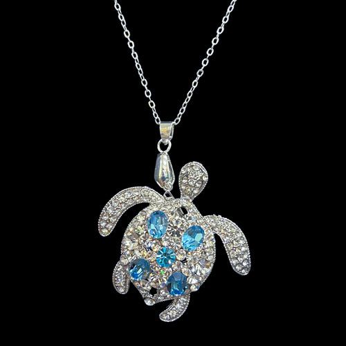 Aquamarine Sea Turtle Necklace Featuring Premium Crystal