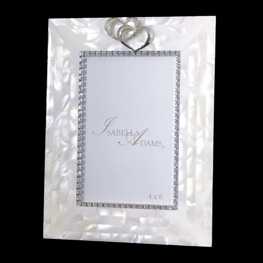 4 x 6 Mother Of Pearl Locking Hearts Picture Frame Featuring Premium Crystal