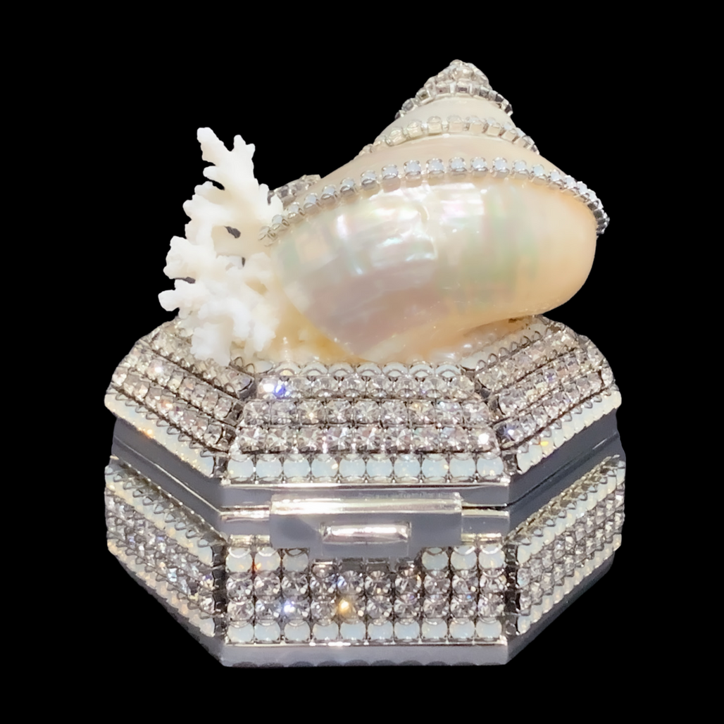 White Opal Hexagon Box Featuring Premium Crystals & Natural Seashells